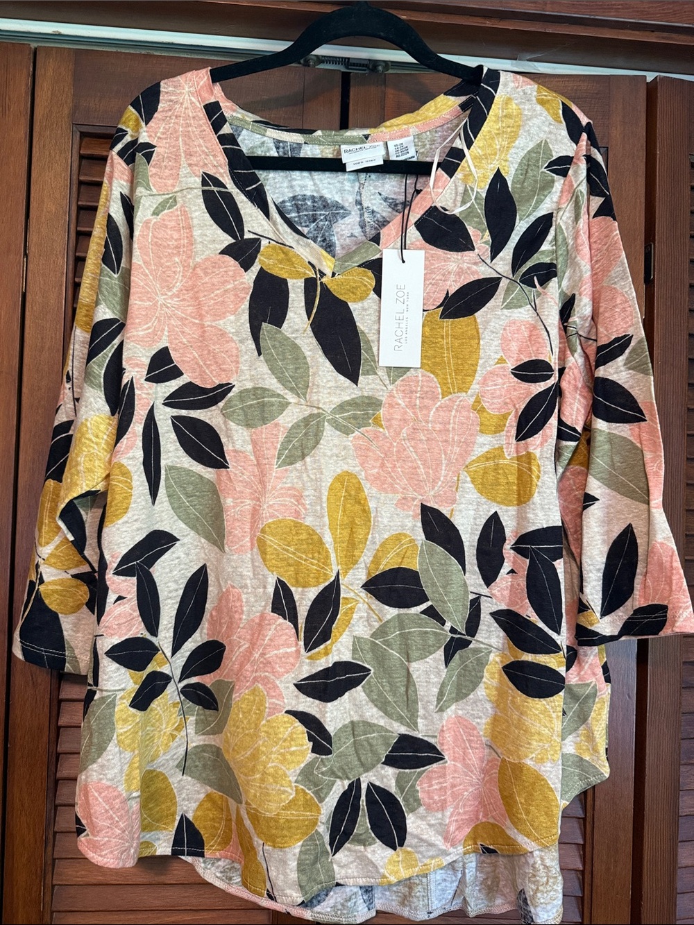 Rachel Zoe Floral V-Neck Tunic in Pink, Mustard & Olive 100% Linen